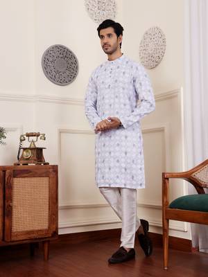 Light purple linen embroidered kurta 4