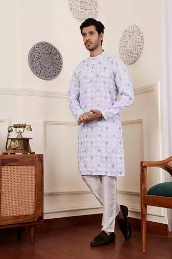 Light purple linen embroidered kurta
