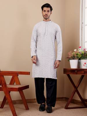 Light grey linen embroidered kurta 1