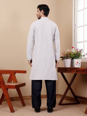 Light grey linen embroidered kurta 2
