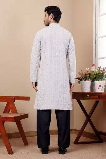 Light grey linen embroidered kurta