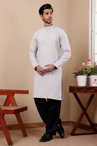 Light grey linen embroidered kurta