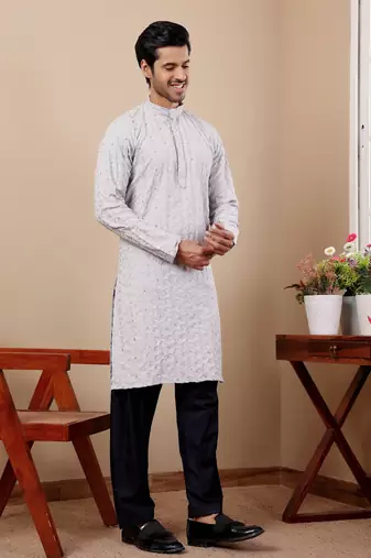 Light grey linen embroidered kurta
