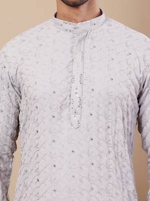 Light grey linen embroidered kurta 5