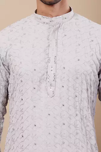 Light grey linen embroidered kurta