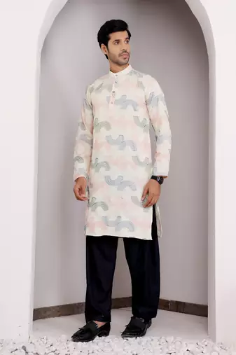 Cream linen embroidered kurta