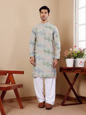 Light pastel green linen embroidered kurta 1