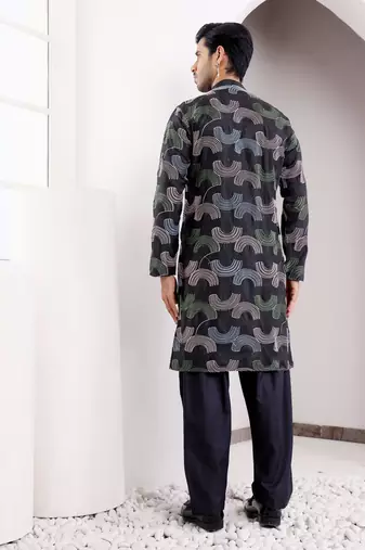 Black linen embroidered kurta