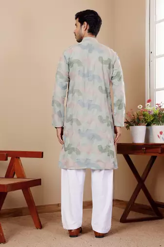 Light pastel green linen embroidered kurta