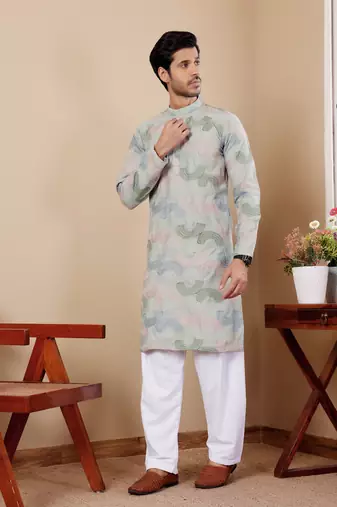 Light pastel green linen embroidered kurta