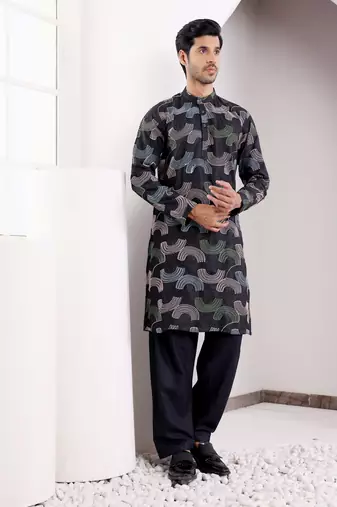 Black linen embroidered kurta