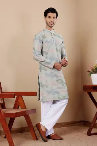 Light pastel green linen embroidered kurta