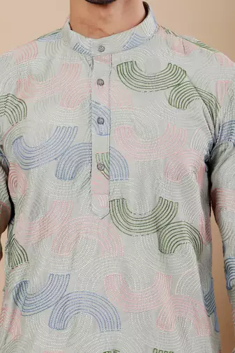 Light pastel green linen embroidered kurta