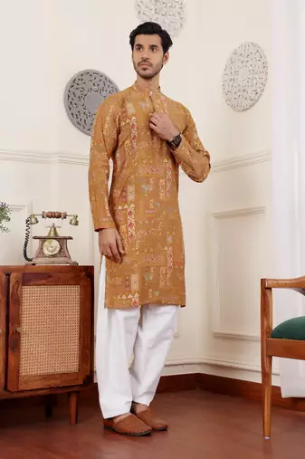 Brownish yellow modal silk mil dye kurta