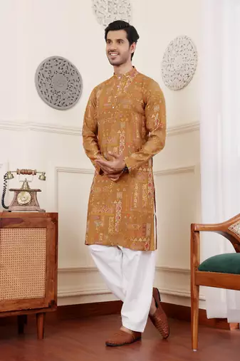 Brownish yellow modal silk mil dye kurta