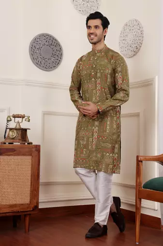 Green modal silk mil dye kurta