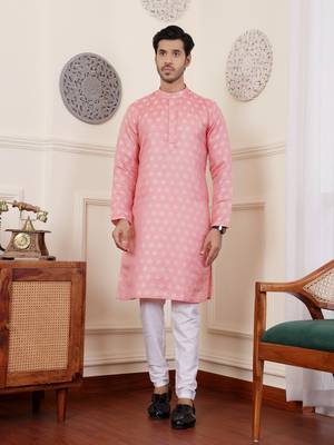 Pink viscose jacquard kurta 1