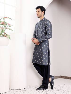 Navy blue viscose jacquard kurta 4