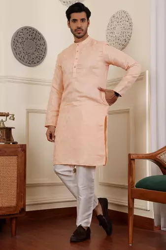 Peach viscose jacquard kurta