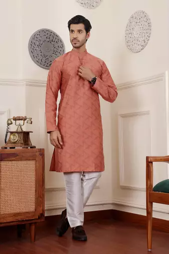 Rustic orange viscose jacquard kurta