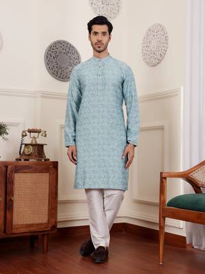 Blue viscose jacquard kurta 1