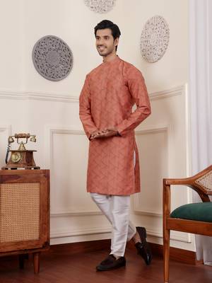 Rustic orange viscose jacquard kurta 4
