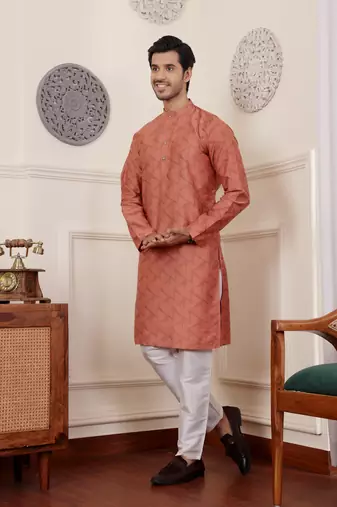 Rustic orange viscose jacquard kurta
