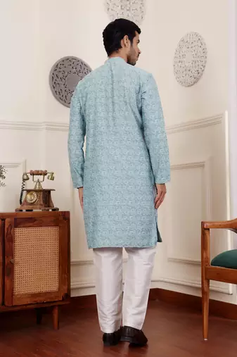 Blue viscose jacquard kurta