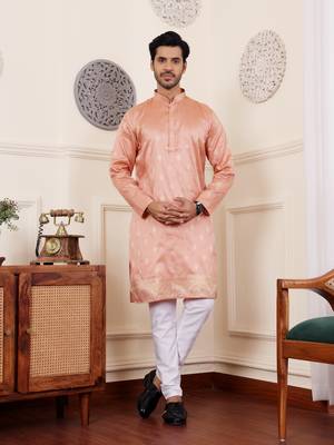 Coral orange viscose jacquard kurta 1
