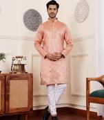 Coral orange viscose jacquard kurta