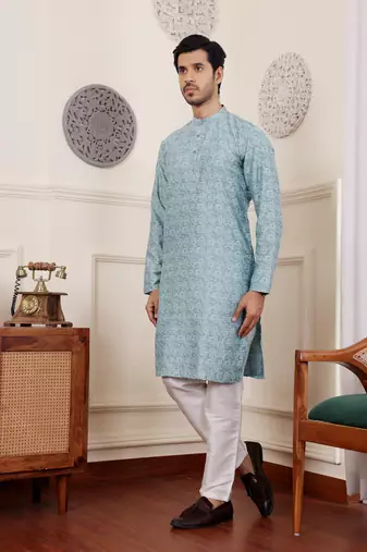 Blue viscose jacquard kurta