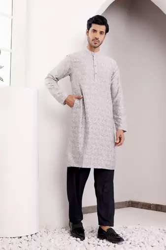 Light grey viscose jacquard kurta