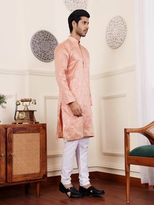Coral orange viscose jacquard kurta 2