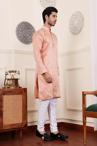 Coral orange viscose jacquard kurta