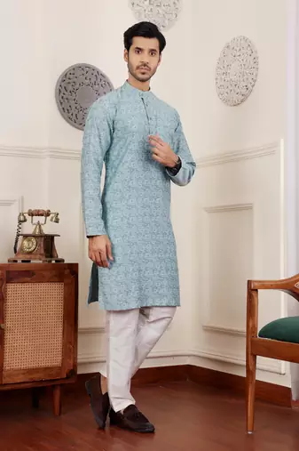 Blue viscose jacquard kurta