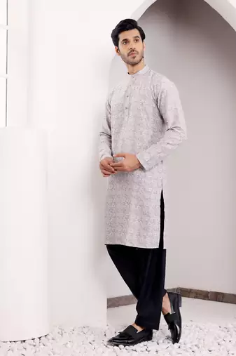 Light grey viscose jacquard kurta