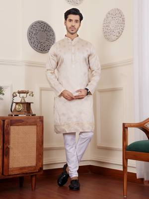 Light cream viscose jacquard kurta 1