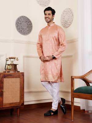 Coral orange viscose jacquard kurta 3
