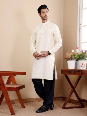 Off white viscose jacquard kurta 4
