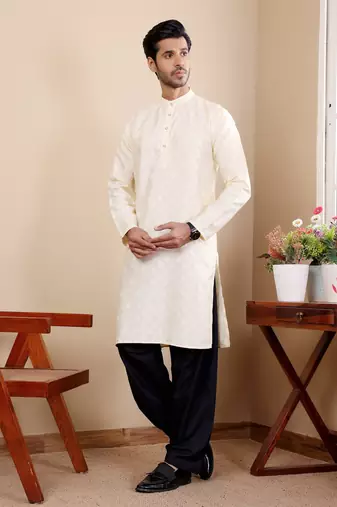 Off white viscose jacquard kurta