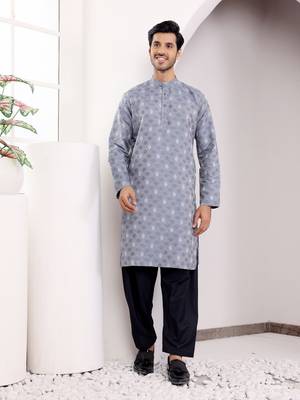 Greyish blue viscose jacquard kurta 1