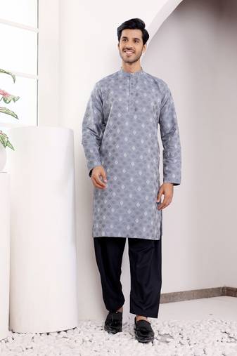 Greyish blue viscose jacquard kurta