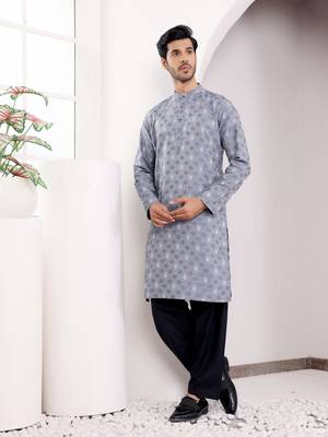 Greyish blue viscose jacquard kurta 3
