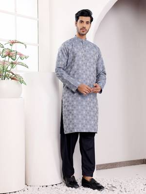 Greyish blue viscose jacquard kurta 4