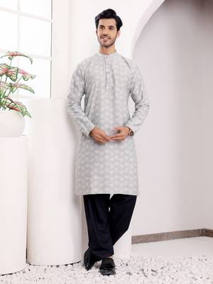 Light grey viscose jacquard kurta 1