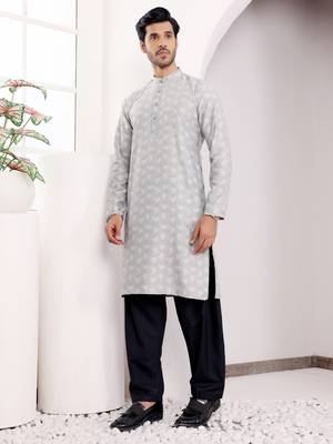 Light grey viscose jacquard kurta 2