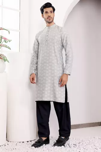 Light grey viscose jacquard kurta