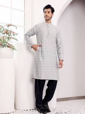 Light grey viscose jacquard kurta 3