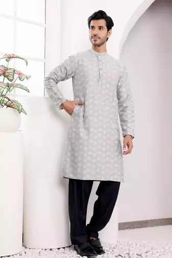 Light grey viscose jacquard kurta