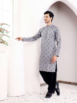 Bluish grey viscose jacquard kurta 3